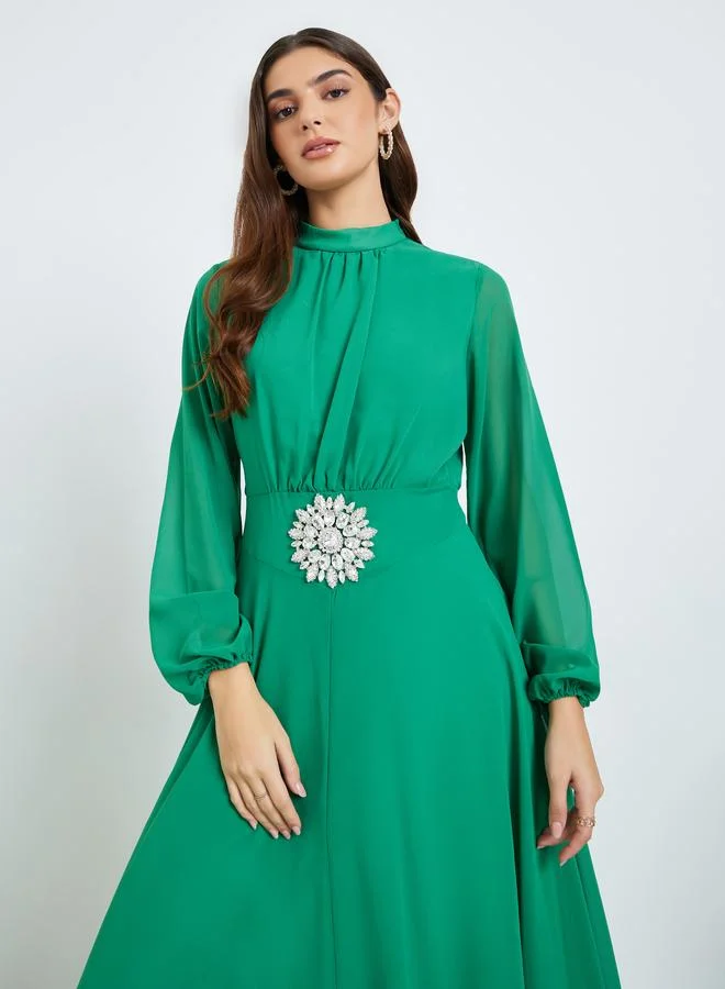 Styli Women Green Embellished Waist Maxi Dress
